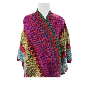 Multicolor Chunky Knit Women's Sweater Poncho w tassels, festival, beach